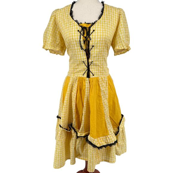 VTG 70s Womens Floral Gingham HANDMADE Corset Prairie Dress Sz L W/ Talon Zipper - Picture 1 of 12